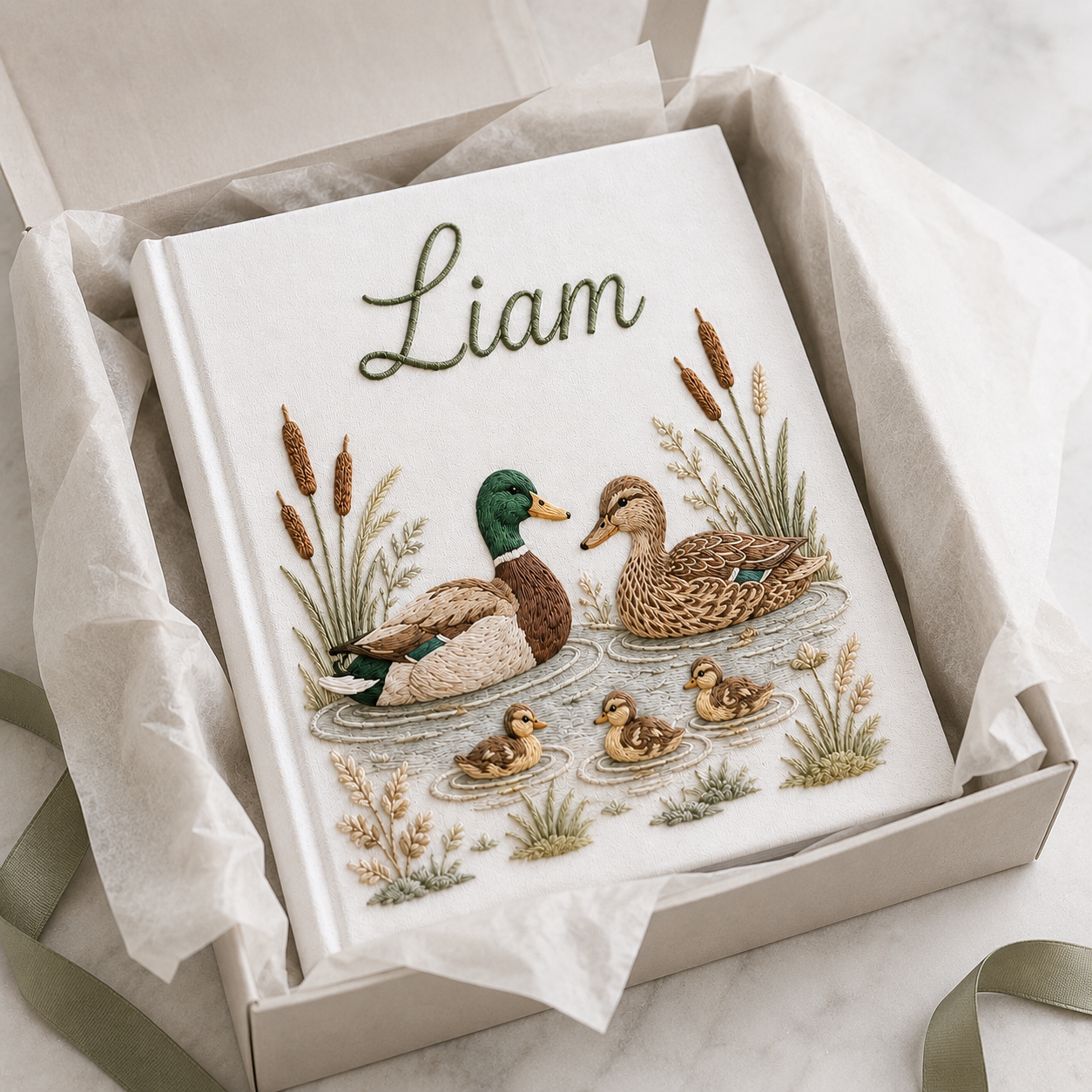 Embroidered Mallard Duck Photo Album , Custom Baby Memory Book, Personalized Hand Embroidered Keepsake Album, Newborn Gift EPLB11