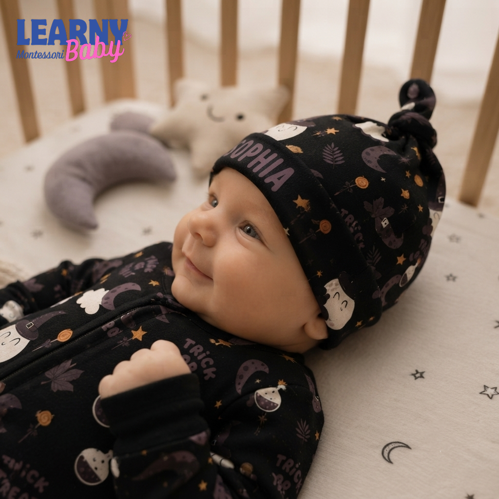Personalized Black Halloween Bamboo Baby Knotted Hat, Custom Name Witch Moon Newborn Beanie, Trick or Treat Baby Hat