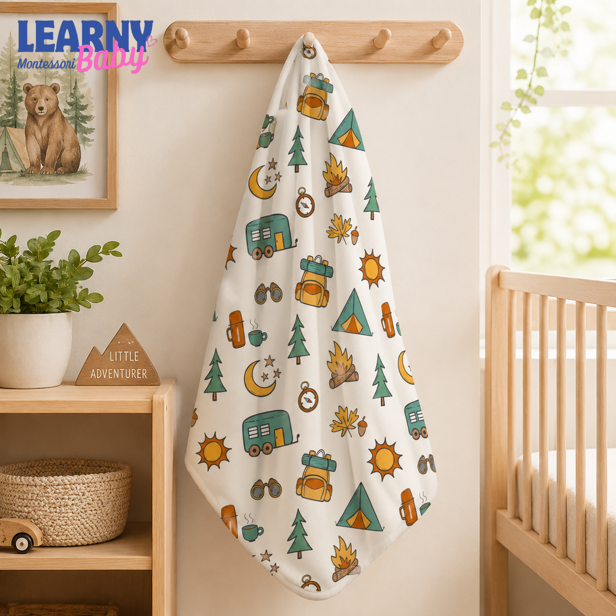 Camping Bamboo Baby Blanket, Outdoor Adventure Nursery Blanket with Tent and Camper, Soft Newborn Blanket, Baby Boy Gift