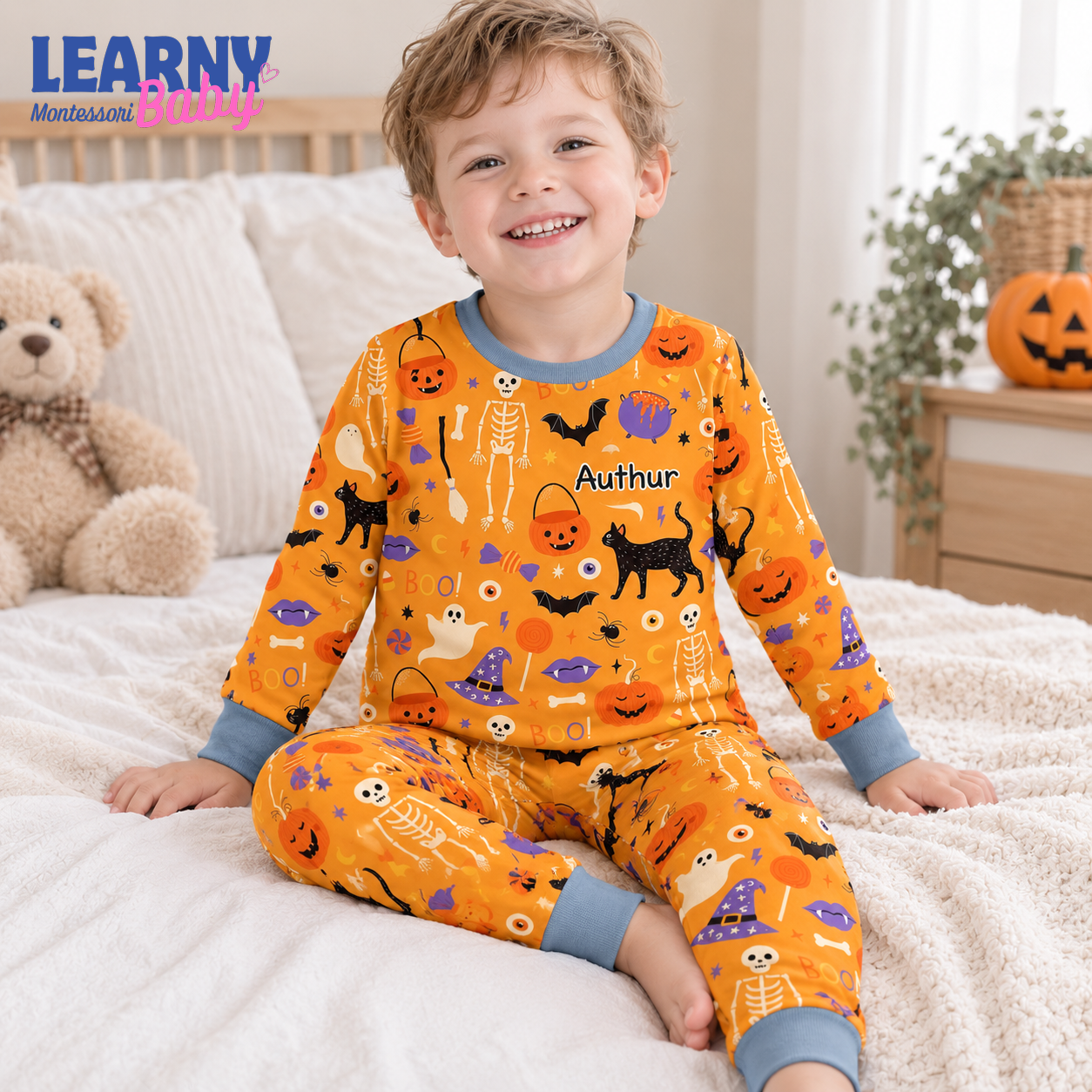 Personalized Orange Halloween Bamboo Pajamas for Boys, Custom Name Pumpkin Skeleton Bat and Black Cat Pajama Set