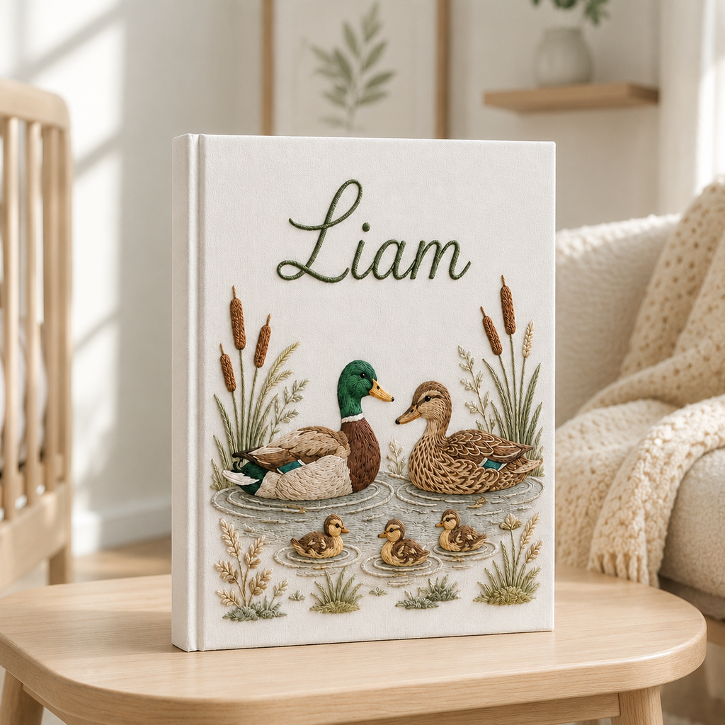 Embroidered Mallard Duck Photo Album , Custom Baby Memory Book, Personalized Hand Embroidered Keepsake Album, Newborn Gift EPLB11
