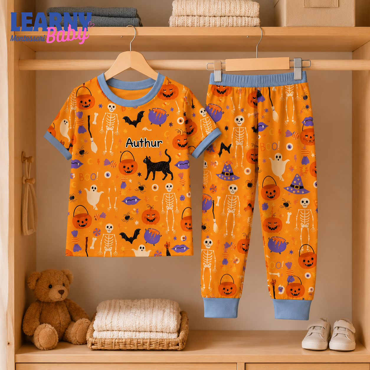 Personalized Orange Halloween Bamboo Pajamas for Boys, Custom Name Pumpkin Skeleton Bat and Black Cat Pajama Set