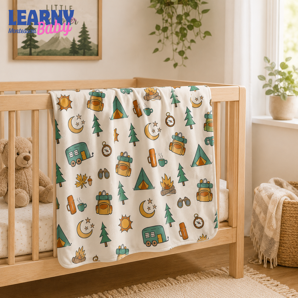 Camping Bamboo Baby Blanket, Outdoor Adventure Nursery Blanket with Tent and Camper, Soft Newborn Blanket, Baby Boy Gift