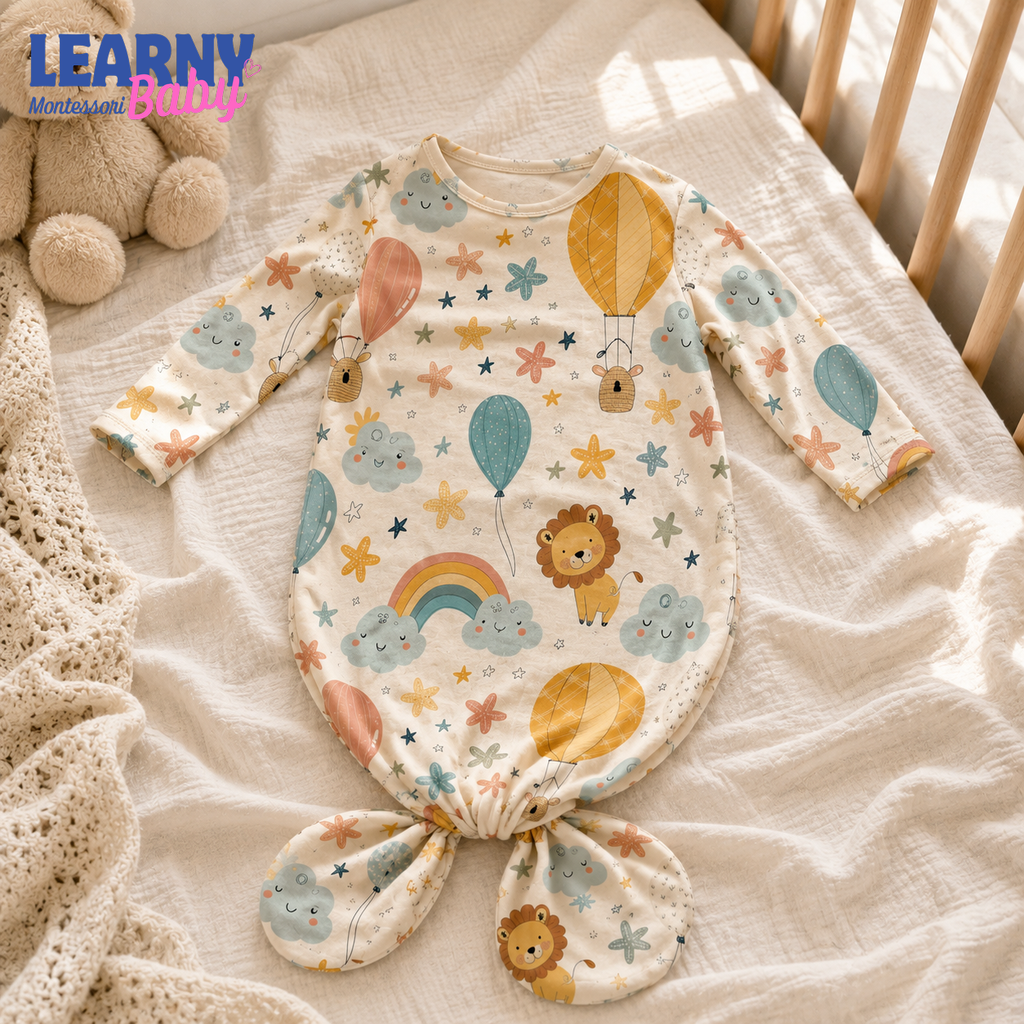 Newborn Baby Knotted Gown, Safari Animal Hot Air Balloon Bamboo Sleeper, Baby Shower Gift