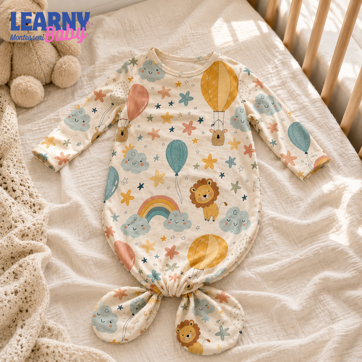 Newborn Baby Knotted Gown, Safari Animal Hot Air Balloon Bamboo Sleeper, Baby Shower Gift