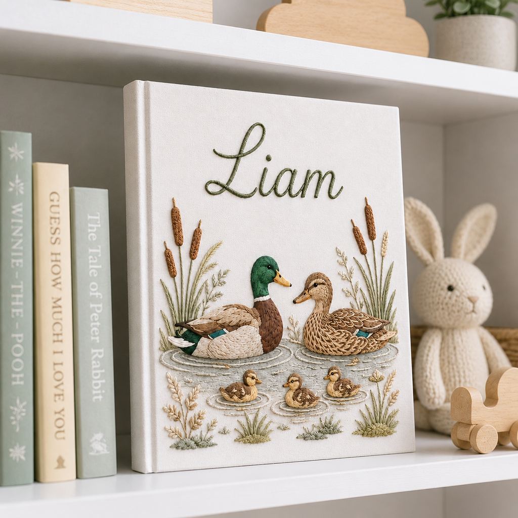 Embroidered Mallard Duck Photo Album , Custom Baby Memory Book, Personalized Hand Embroidered Keepsake Album, Newborn Gift EPLB11