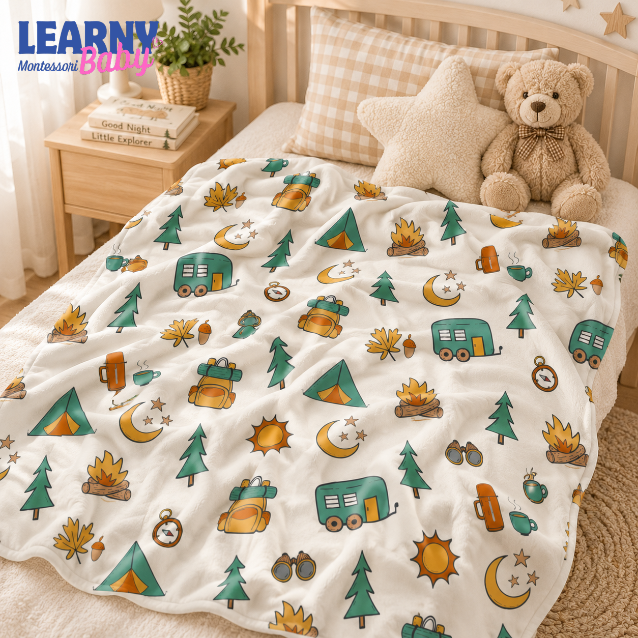Camping Bamboo Baby Blanket, Outdoor Adventure Nursery Blanket with Tent and Camper, Soft Newborn Blanket, Baby Boy Gift