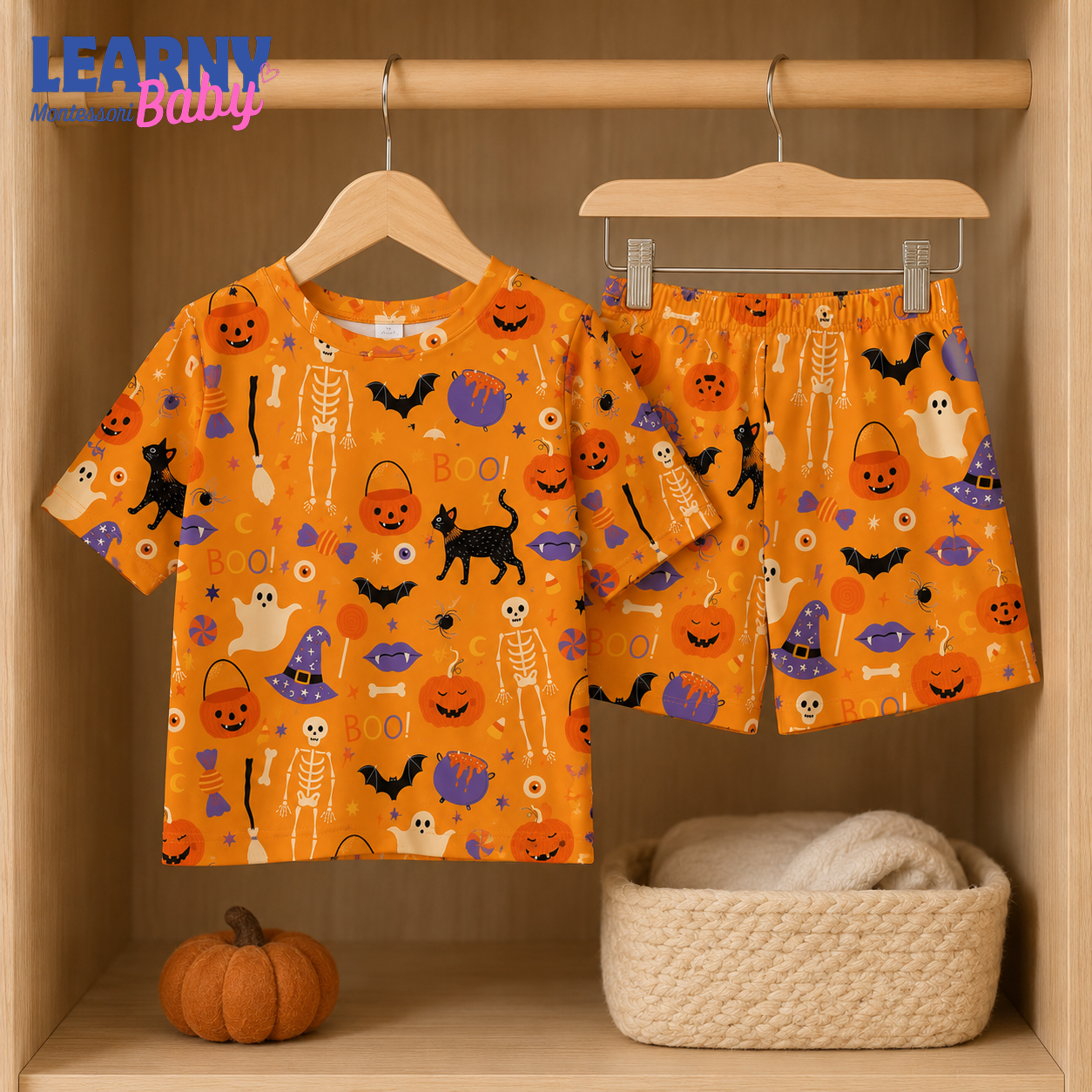 Personalized Orange Halloween Bamboo Pajamas for Boys, Custom Name Pumpkin Skeleton Bat and Black Cat Pajama Set
