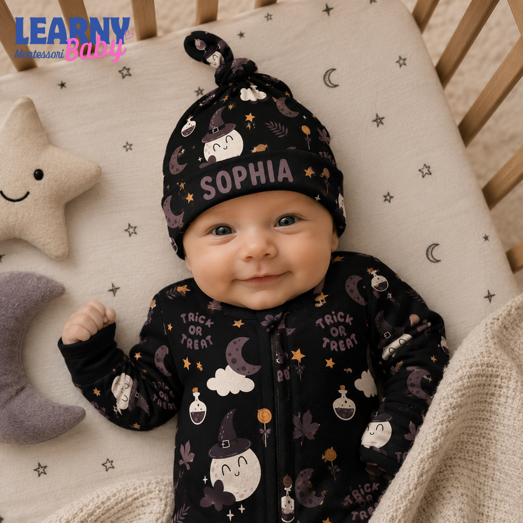 Personalized Black Halloween Bamboo Baby Knotted Hat, Custom Name Witch Moon Newborn Beanie, Trick or Treat Baby Hat