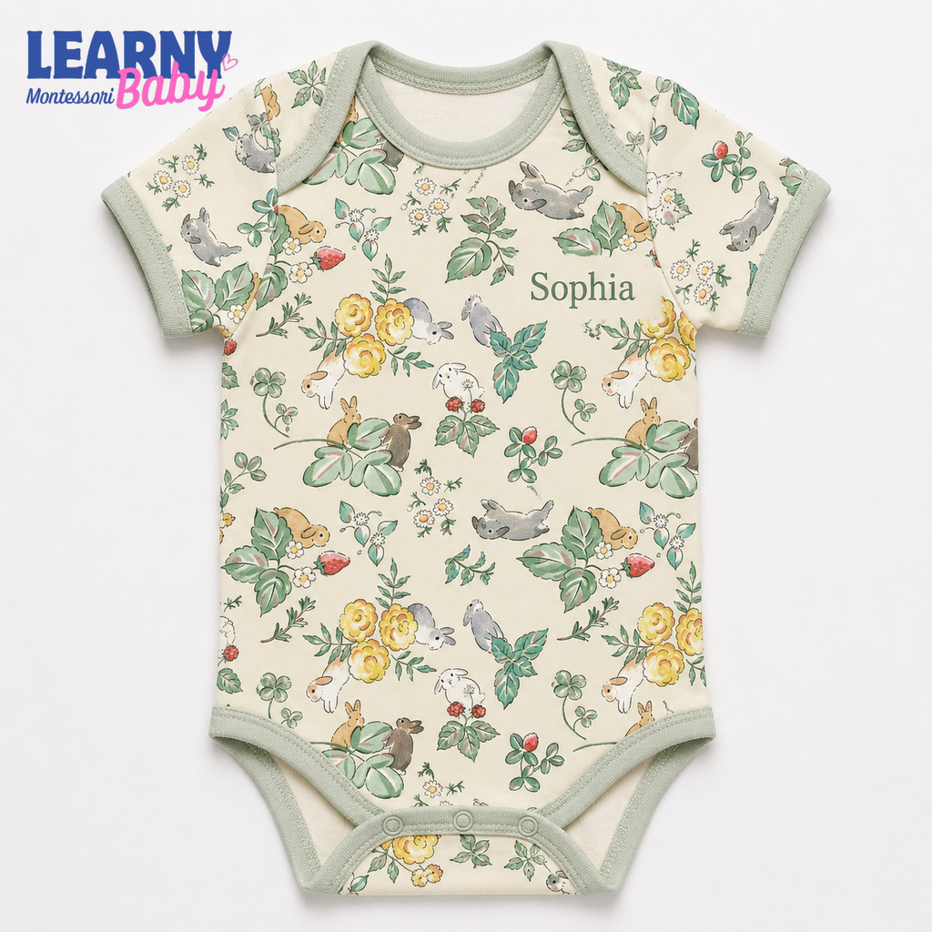 Bamboo Baby Bodysuit, Personalized Woodland Bunny Baby Onesie, Soft Bamboo Viscose Newborn Bodysuit