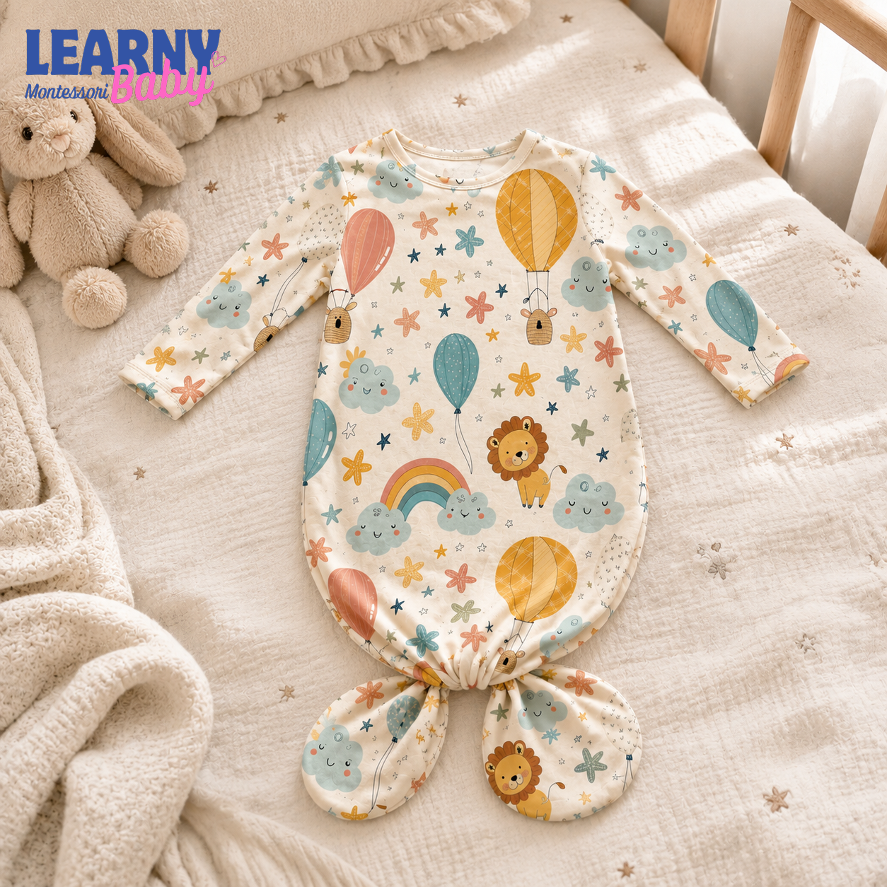 Newborn Baby Knotted Gown, Safari Animal Hot Air Balloon Bamboo Sleeper, Baby Shower Gift