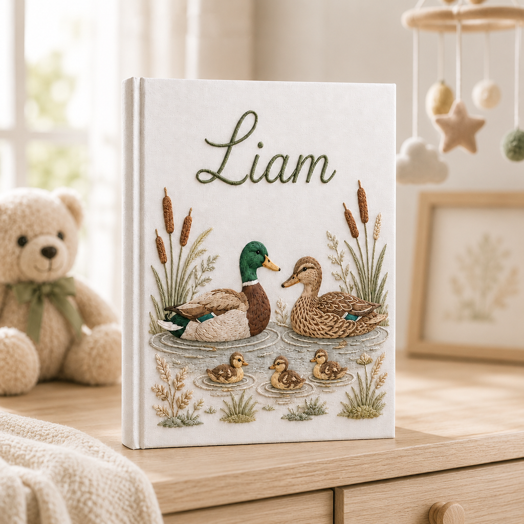 Embroidered Mallard Duck Photo Album , Custom Baby Memory Book, Personalized Hand Embroidered Keepsake Album, Newborn Gift EPLB11
