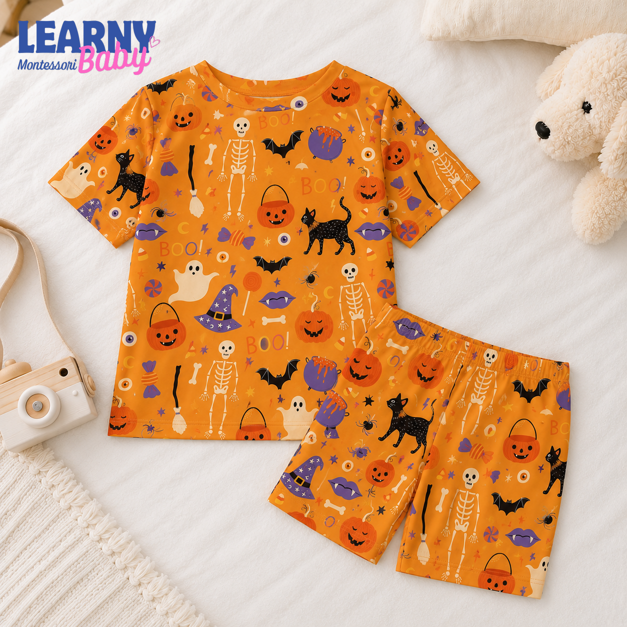 Personalized Orange Halloween Bamboo Pajamas for Boys, Custom Name Pumpkin Skeleton Bat and Black Cat Pajama Set