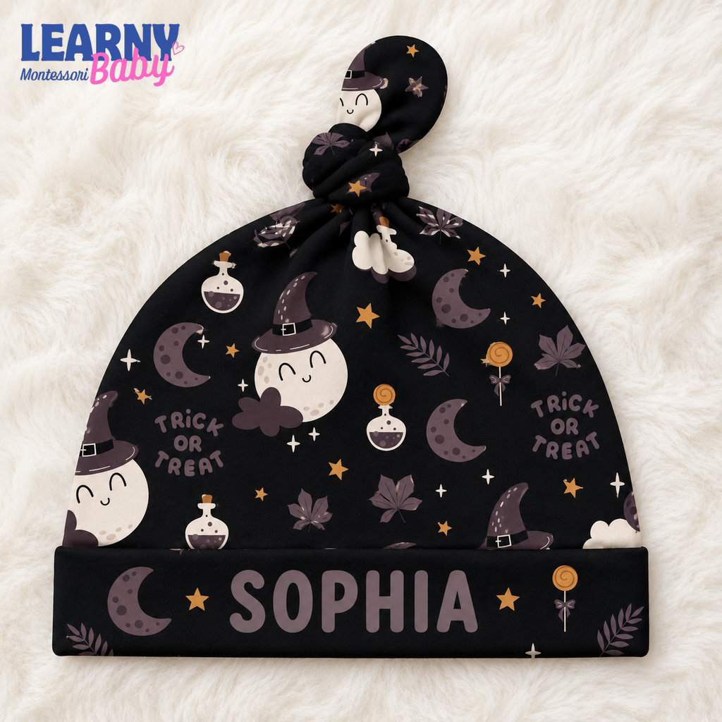 Personalized Black Halloween Bamboo Baby Knotted Hat, Custom Name Witch Moon Newborn Beanie, Trick or Treat Baby Hat
