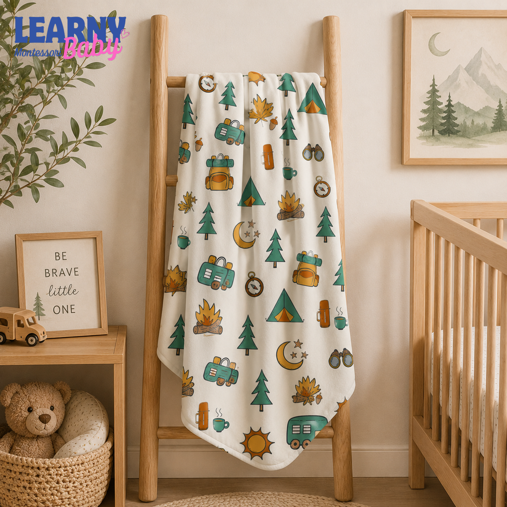 Camping Bamboo Baby Blanket, Outdoor Adventure Nursery Blanket with Tent and Camper, Soft Newborn Blanket, Baby Boy Gift