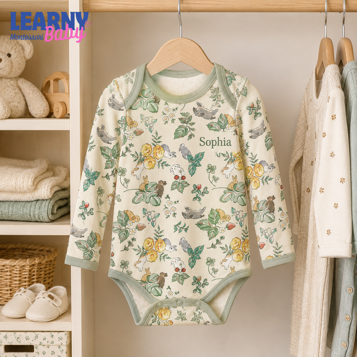 Bamboo Baby Bodysuit, Personalized Woodland Bunny Baby Onesie, Soft Bamboo Viscose Newborn Bodysuit