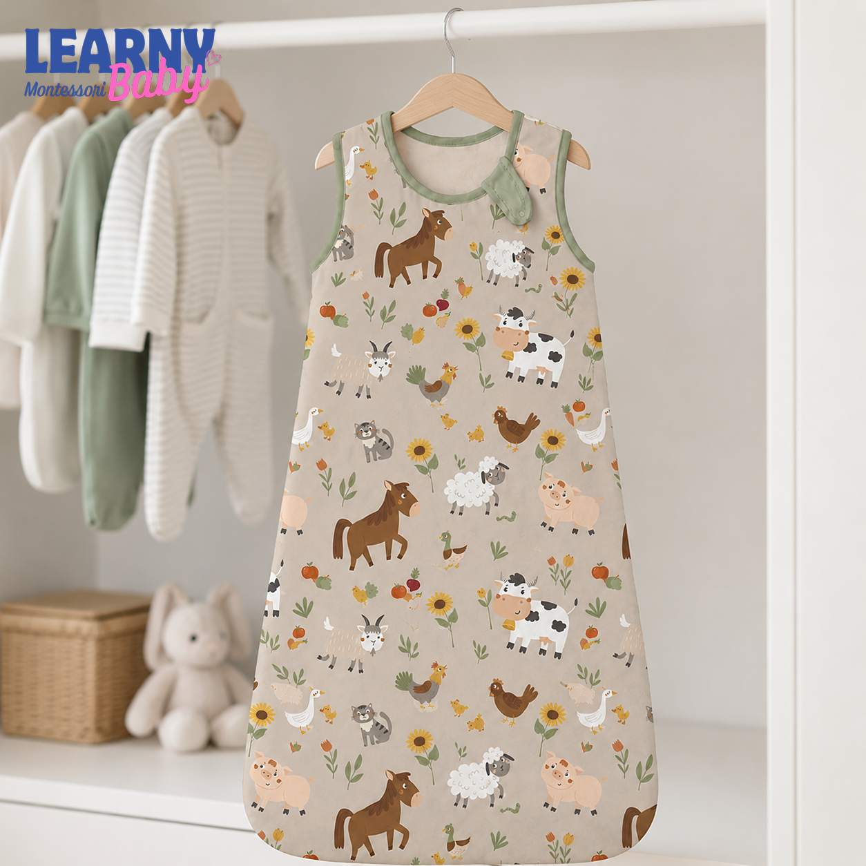 Farm Animal Bamboo Baby Sleep Sack, Cow Horse Sheep Wearable Blanket for Infant and Toddler, Neutral Nursery Gift