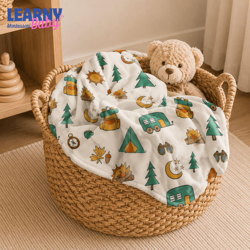 Camping Bamboo Baby Blanket, Outdoor Adventure Nursery Blanket with Tent and Camper, Soft Newborn Blanket, Baby Boy Gift