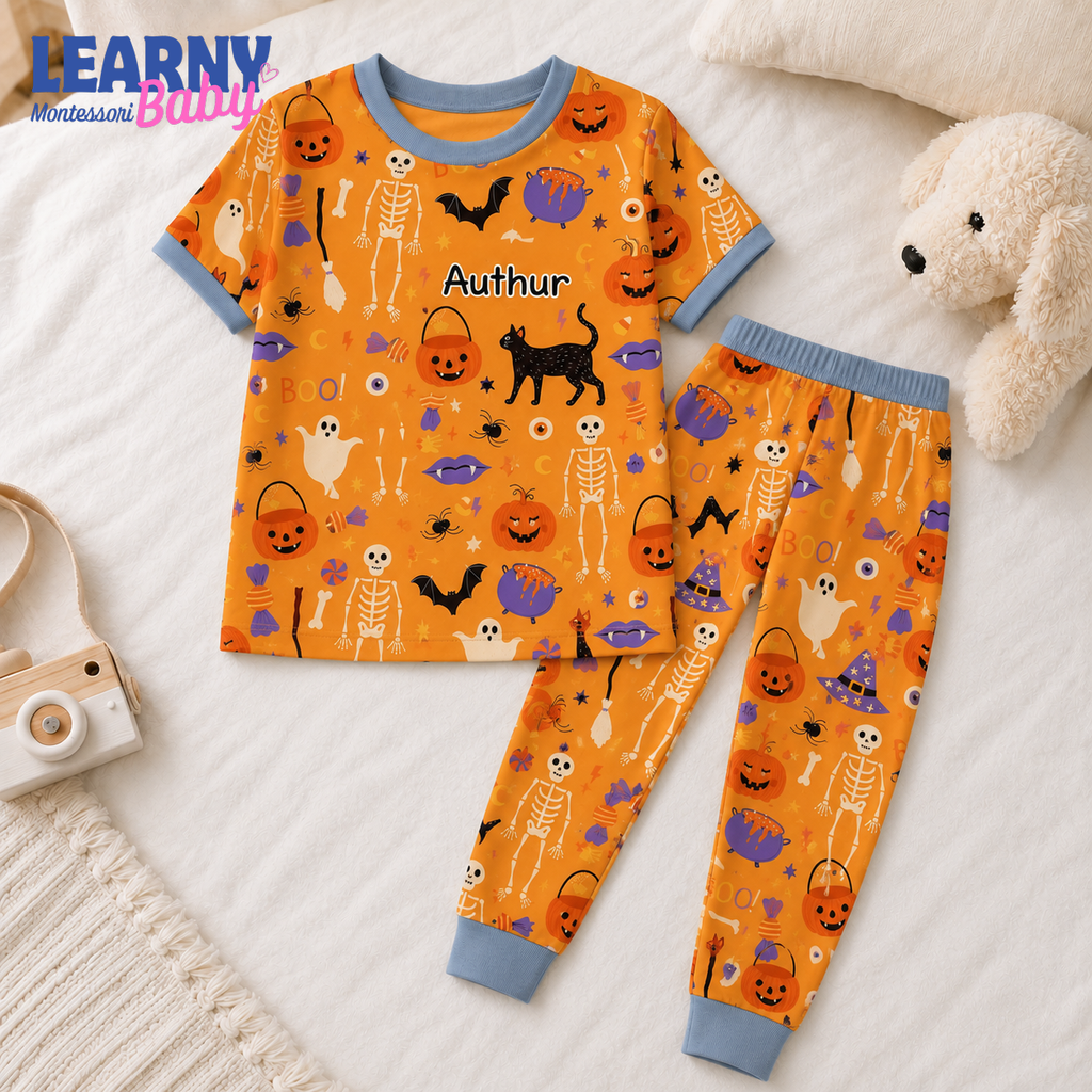 Personalized Orange Halloween Bamboo Pajamas for Boys, Custom Name Pumpkin Skeleton Bat and Black Cat Pajama Set