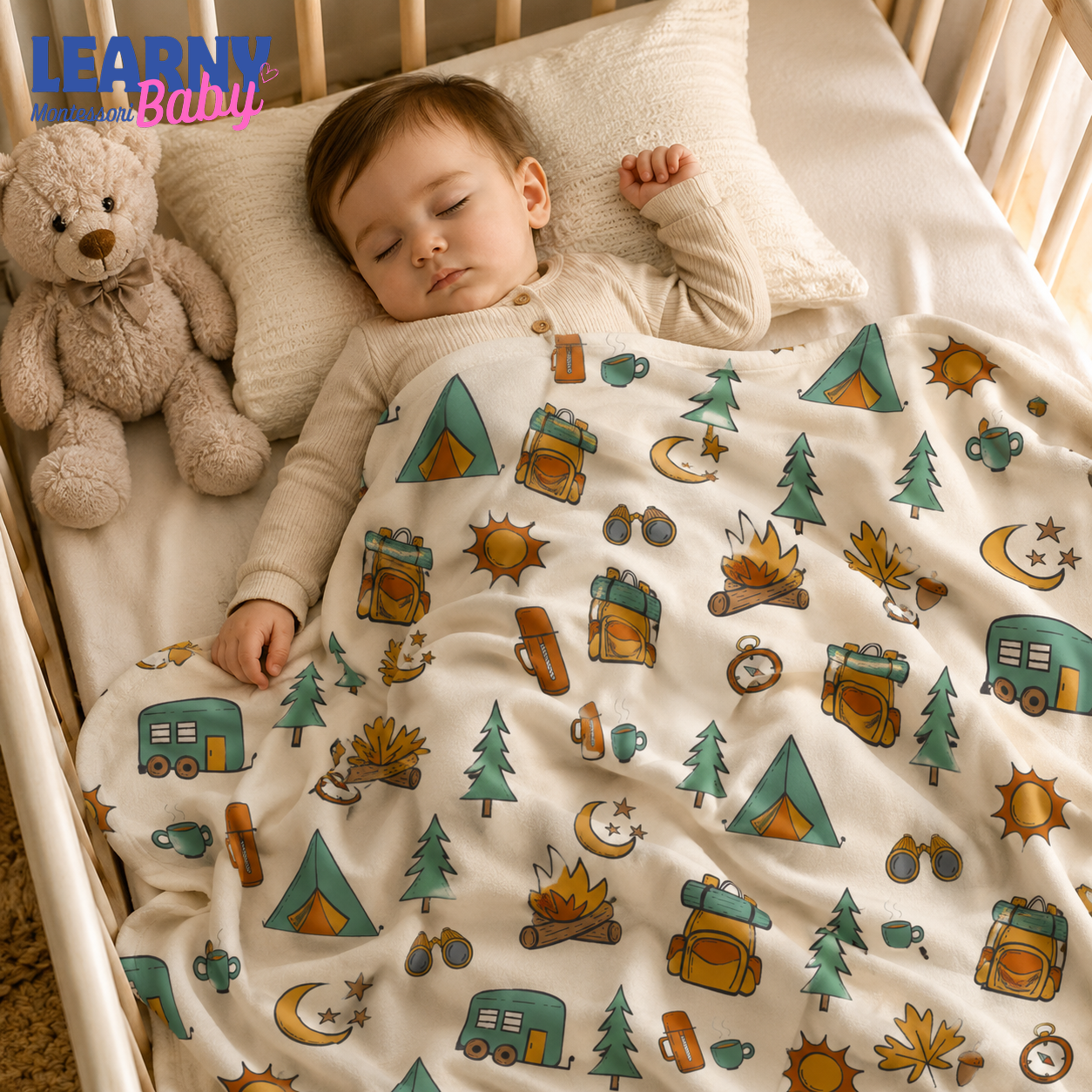 Camping Bamboo Baby Blanket, Outdoor Adventure Nursery Blanket with Tent and Camper, Soft Newborn Blanket, Baby Boy Gift