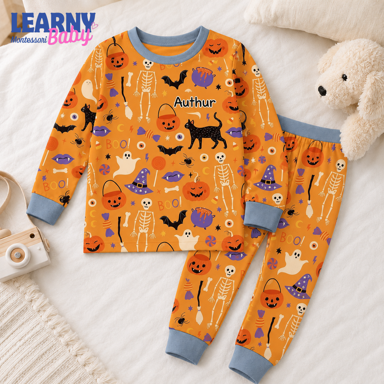 Personalized Orange Halloween Bamboo Pajamas for Boys, Custom Name Pumpkin Skeleton Bat and Black Cat Pajama Set