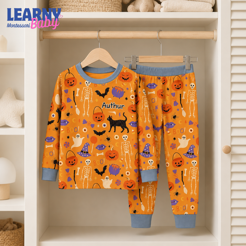 Personalized Orange Halloween Bamboo Pajamas for Boys, Custom Name Pumpkin Skeleton Bat and Black Cat Pajama Set