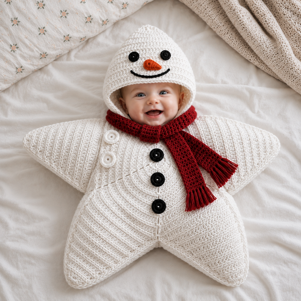 Crochet Snowman Star Baby Cocoon – Handmade Winter Baby Outfit