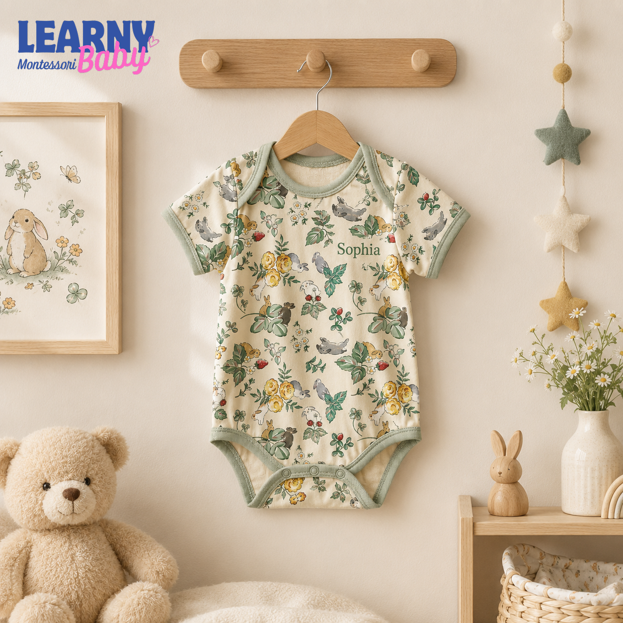 Bamboo Baby Bodysuit, Personalized Woodland Bunny Baby Onesie, Soft Bamboo Viscose Newborn Bodysuit