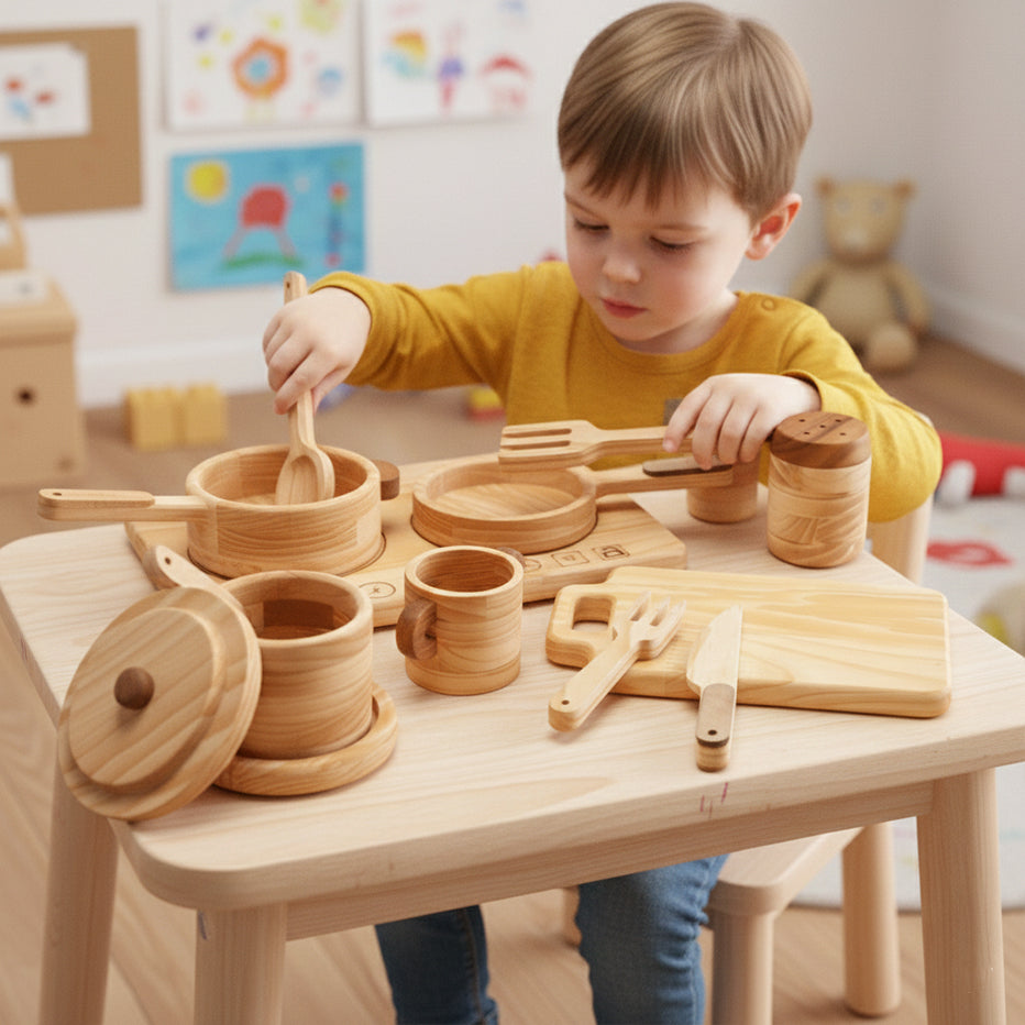 Wooden Cooking Toy Set for Kids – 15 Pieces Pretend Play Kitchen Accessories