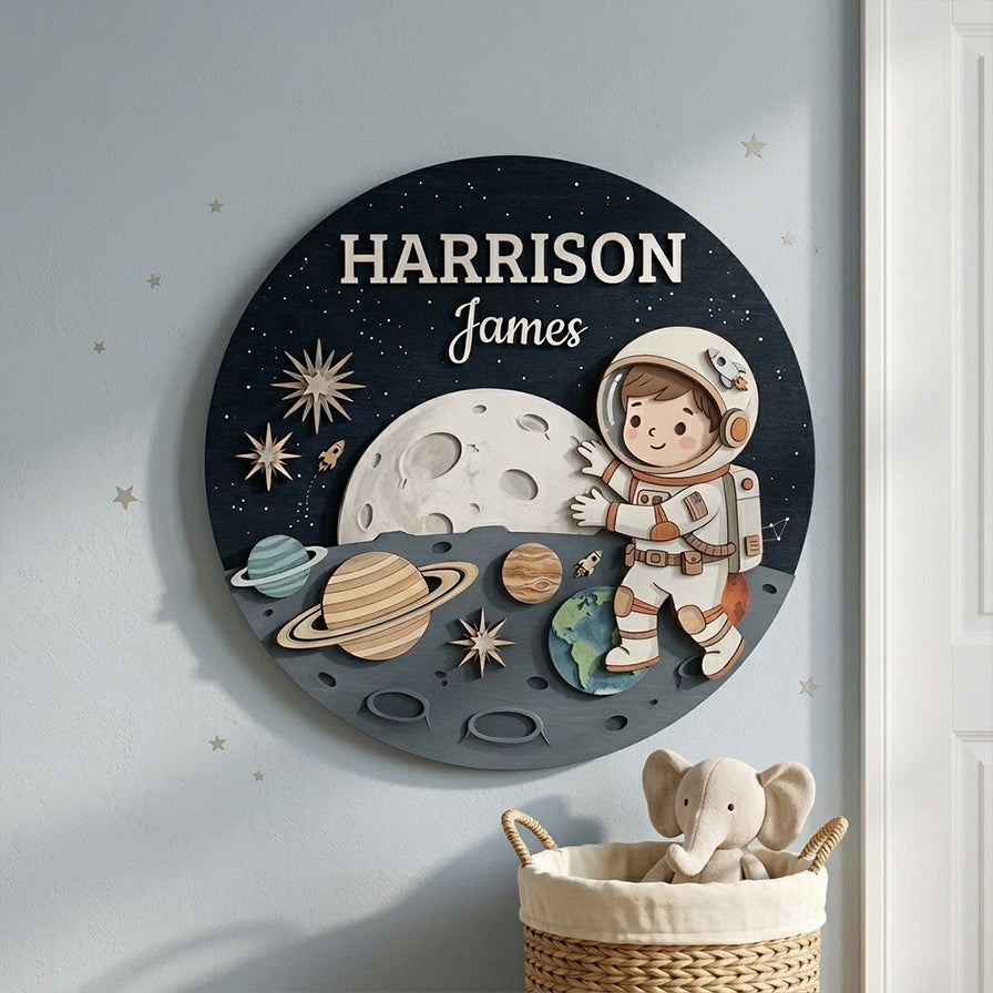 Personalized Wooden Name Sign, Astronaut Nursery Wall Decor, Space Moon Planet Art