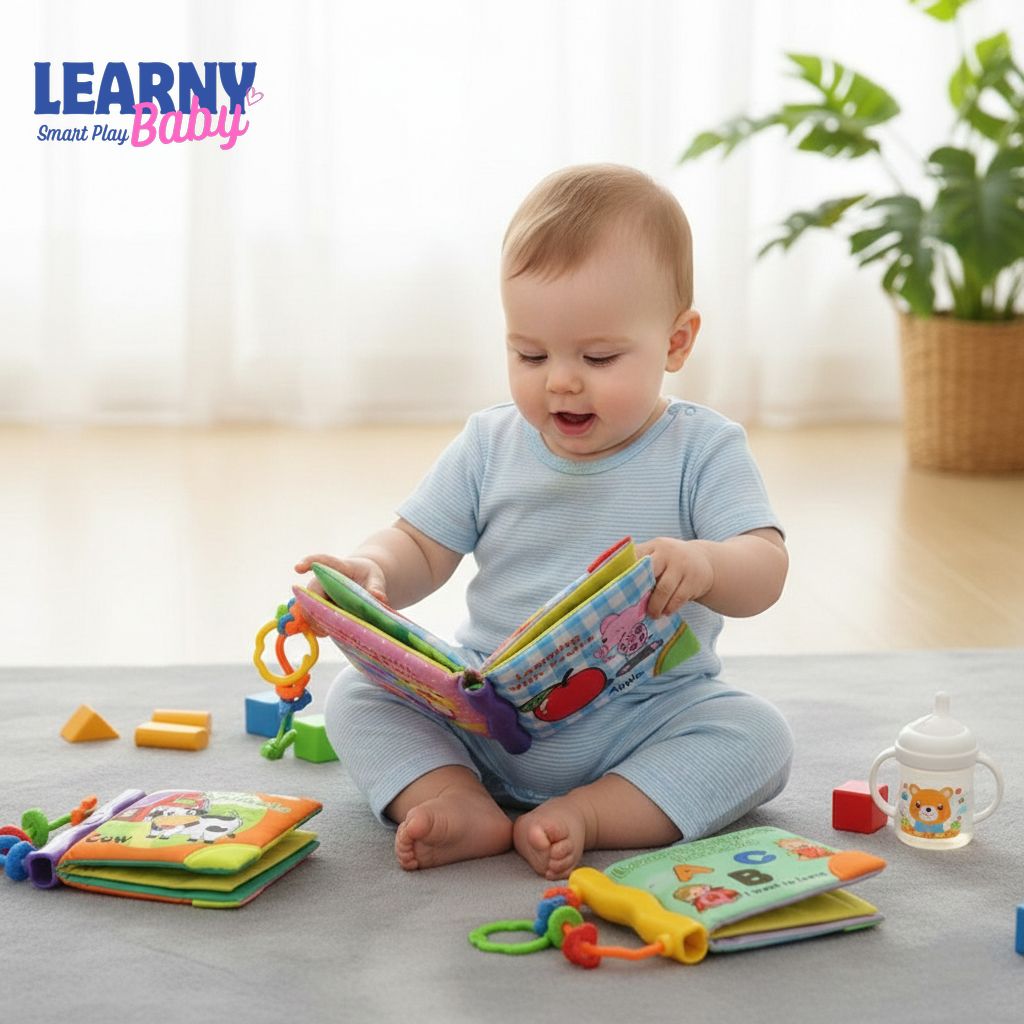 Montessori Baby Cloth Book with Ring, Animal Fruit & Letter Shapes Cognitive Soft Fabric Book, Educational Sensory Toy for Infants and Toddlers 0–36 Months LBBB05