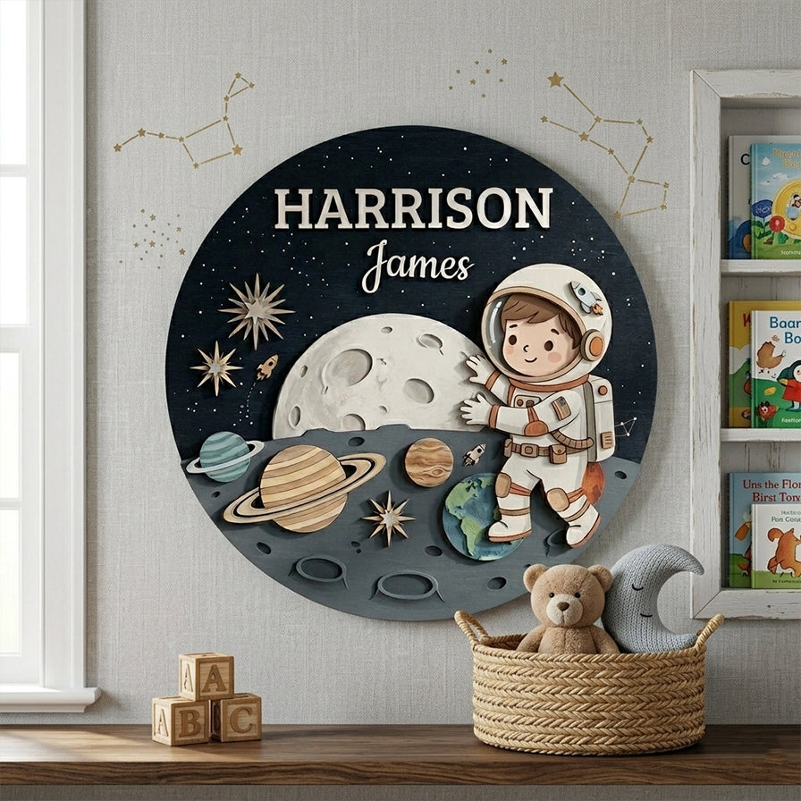 Personalized Wooden Name Sign, Astronaut Nursery Wall Decor, Space Moon Planet Art