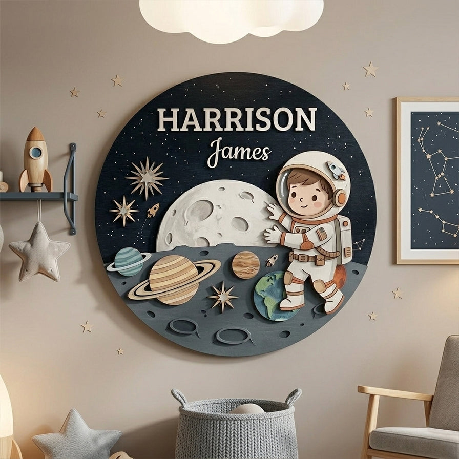 Personalized Wooden Name Sign, Astronaut Nursery Wall Decor, Space Moon Planet Art