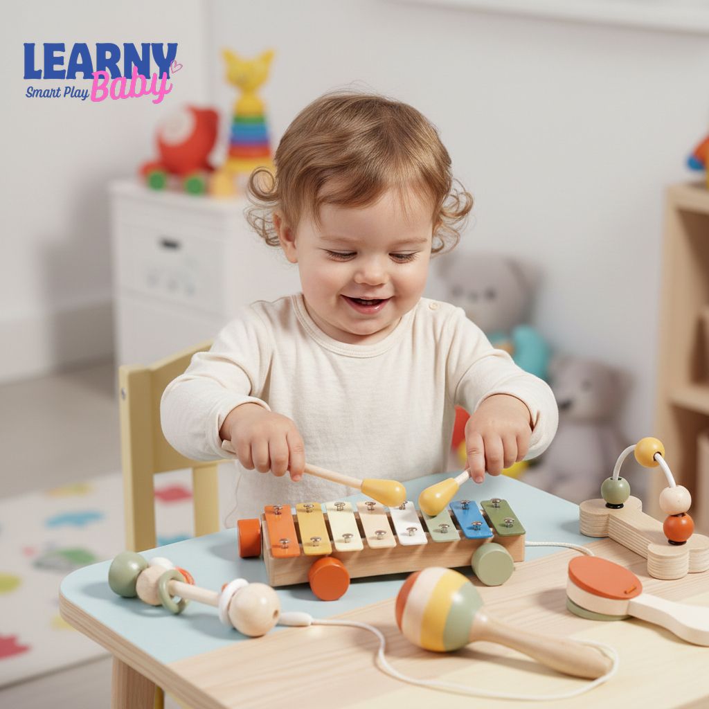 Baby Handheld Bell Musical Toy, Montessori Wooden Gripping Percussion Instrument, Early Music & Fine Motor Skills, Ages 6M–3Y