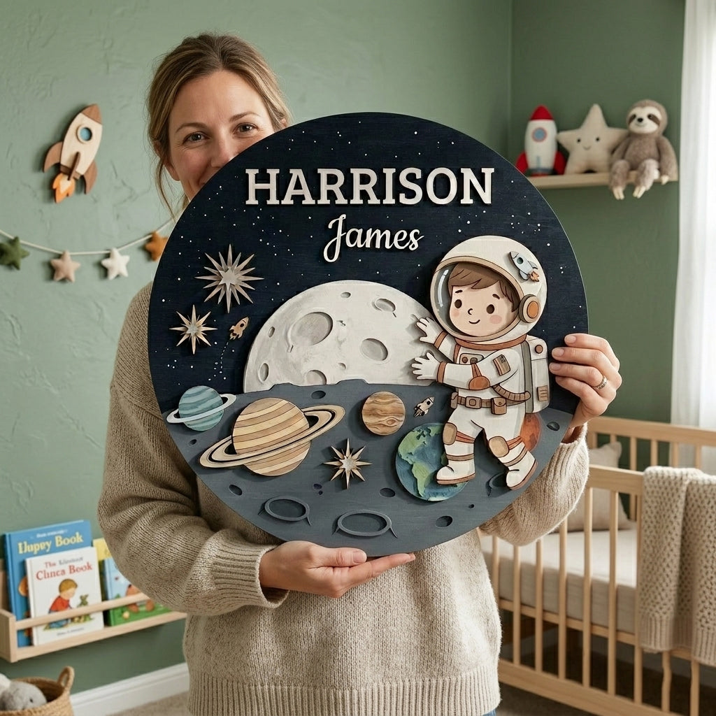 Personalized Wooden Name Sign, Astronaut Nursery Wall Decor, Space Moon Planet Art