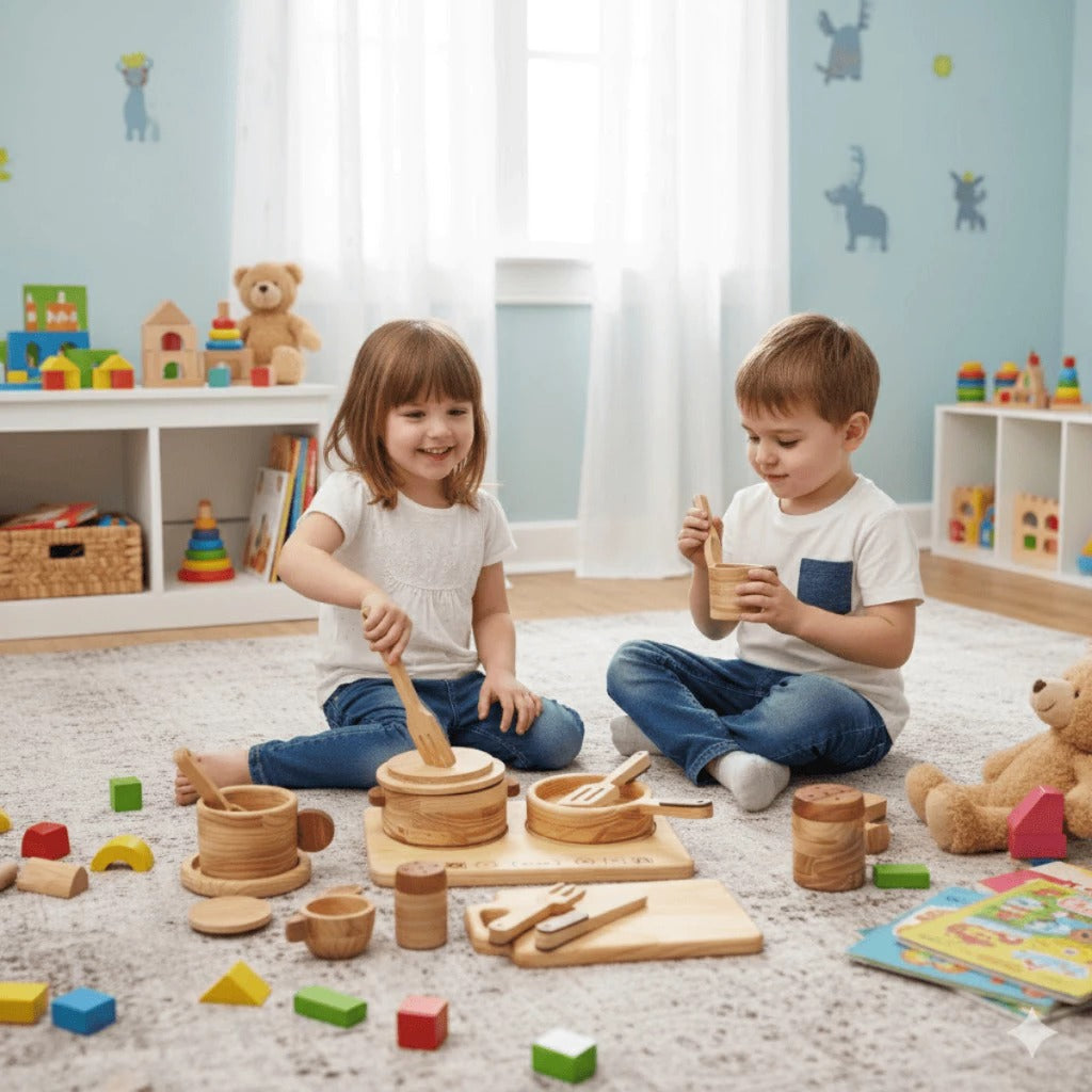 Wooden Cooking Toy Set for Kids – 15 Pieces Pretend Play Kitchen Accessories