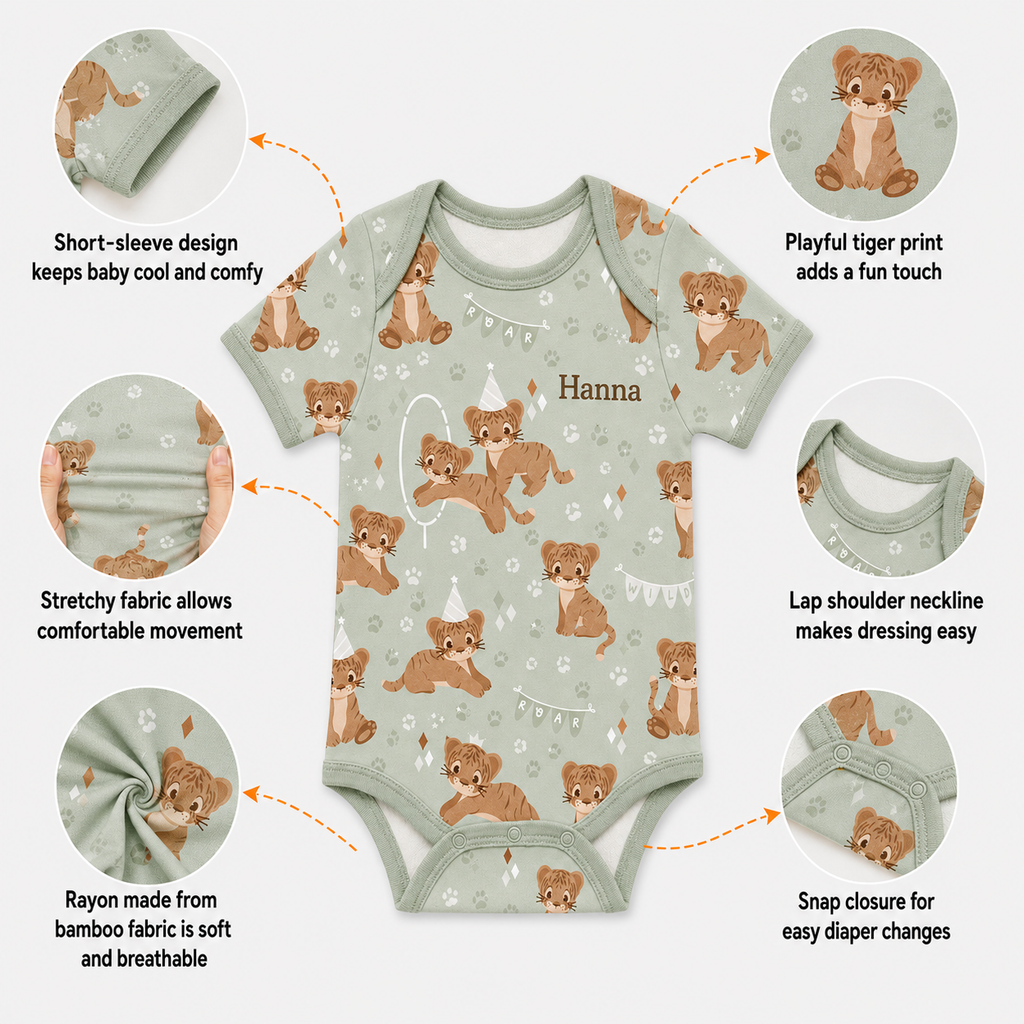Bamboo Baby Bodysuit, Personalized Baby Tiger Onesie, Soft Bamboo Viscose Infant Bodysuit