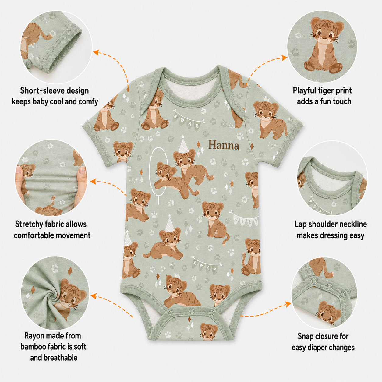 Bamboo Baby Bodysuit, Personalized Baby Tiger Onesie, Soft Bamboo Viscose Infant Bodysuit