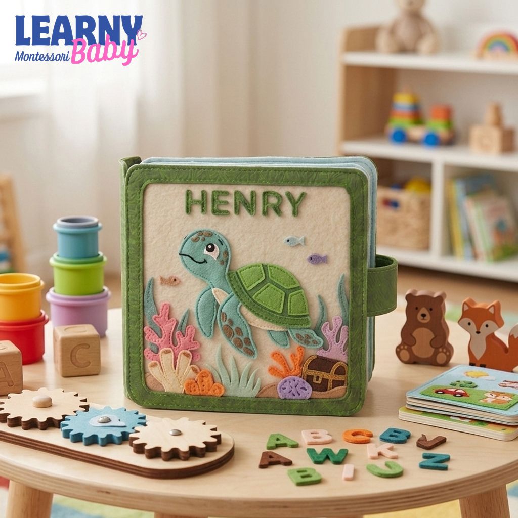 Personalized Turtle Busy Book for Toddlers, Montessori Felt Busy Book, Ocean Sensory Activity Book, Custom Name Gift for Kids QBLB43