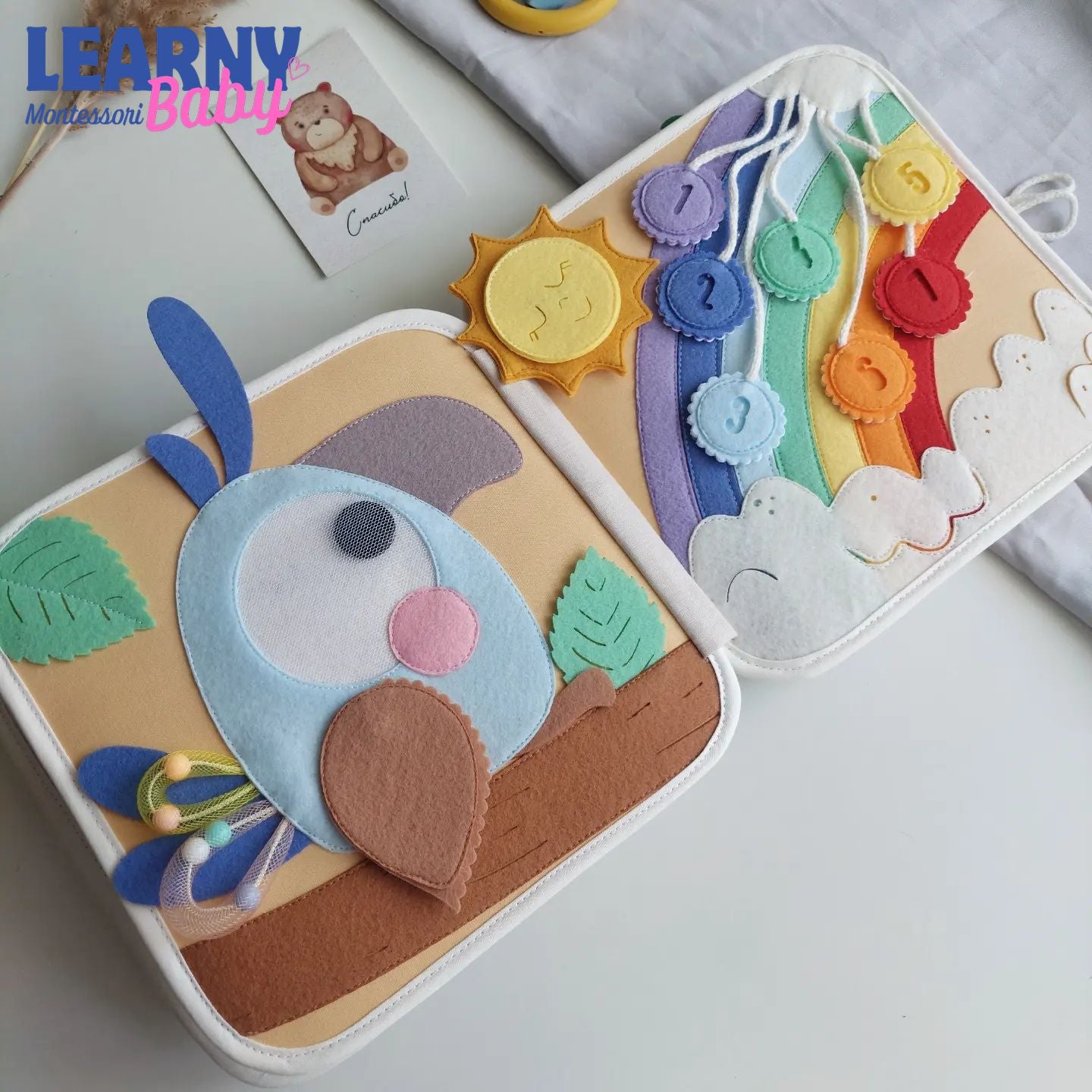 Personalized Bear Busy Book, Montessori Quiet Book for Toddlers, Sensory Learning Toy, Travel Activity Book QBLB63