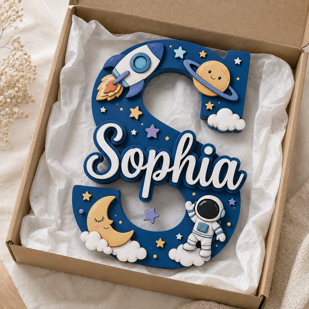 Personalized Space Nursery Name Sign, Custom Astronaut Baby Name Sign, Rocket Moon Stars Kids Room Decor, Wooden Letter Wall Art