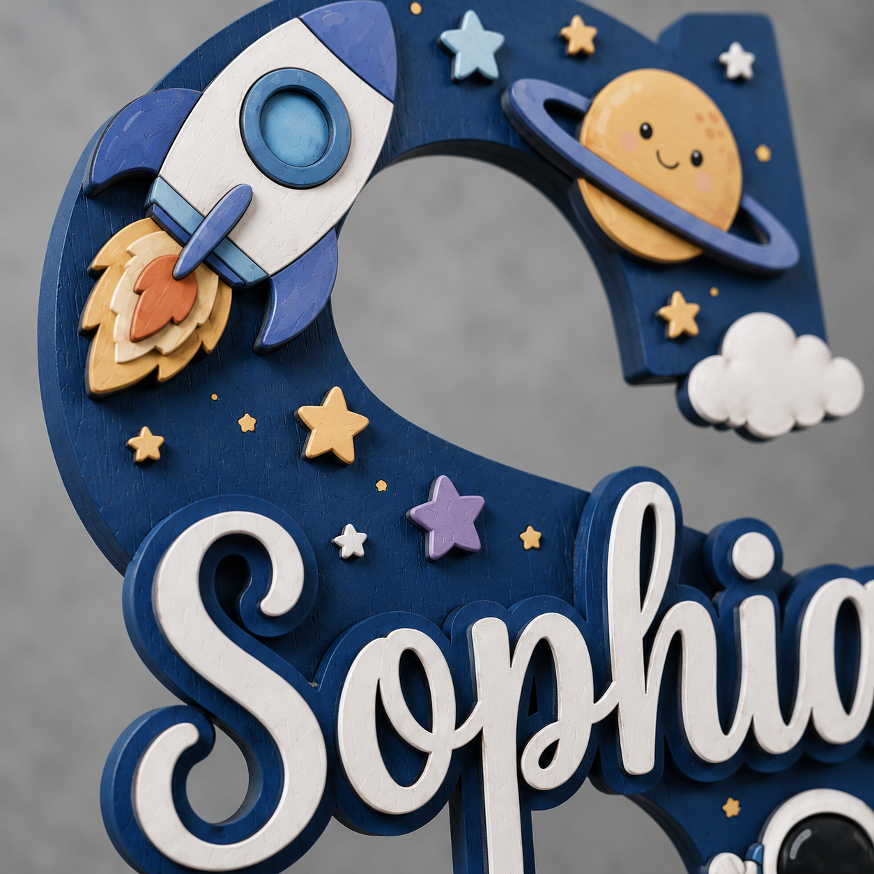 Personalized Space Nursery Name Sign, Custom Astronaut Baby Name Sign, Rocket Moon Stars Kids Room Decor, Wooden Letter Wall Art