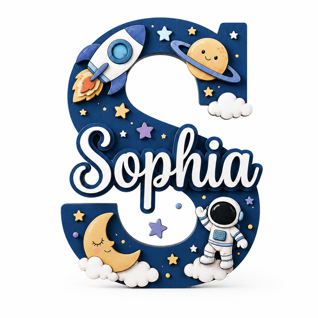 Personalized Space Nursery Name Sign, Custom Astronaut Baby Name Sign, Rocket Moon Stars Kids Room Decor, Wooden Letter Wall Art