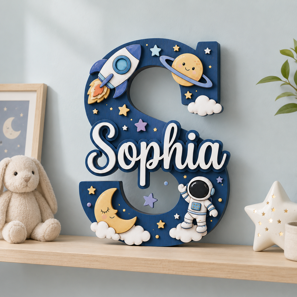Personalized Space Nursery Name Sign, Custom Astronaut Baby Name Sign, Rocket Moon Stars Kids Room Decor, Wooden Letter Wall Art