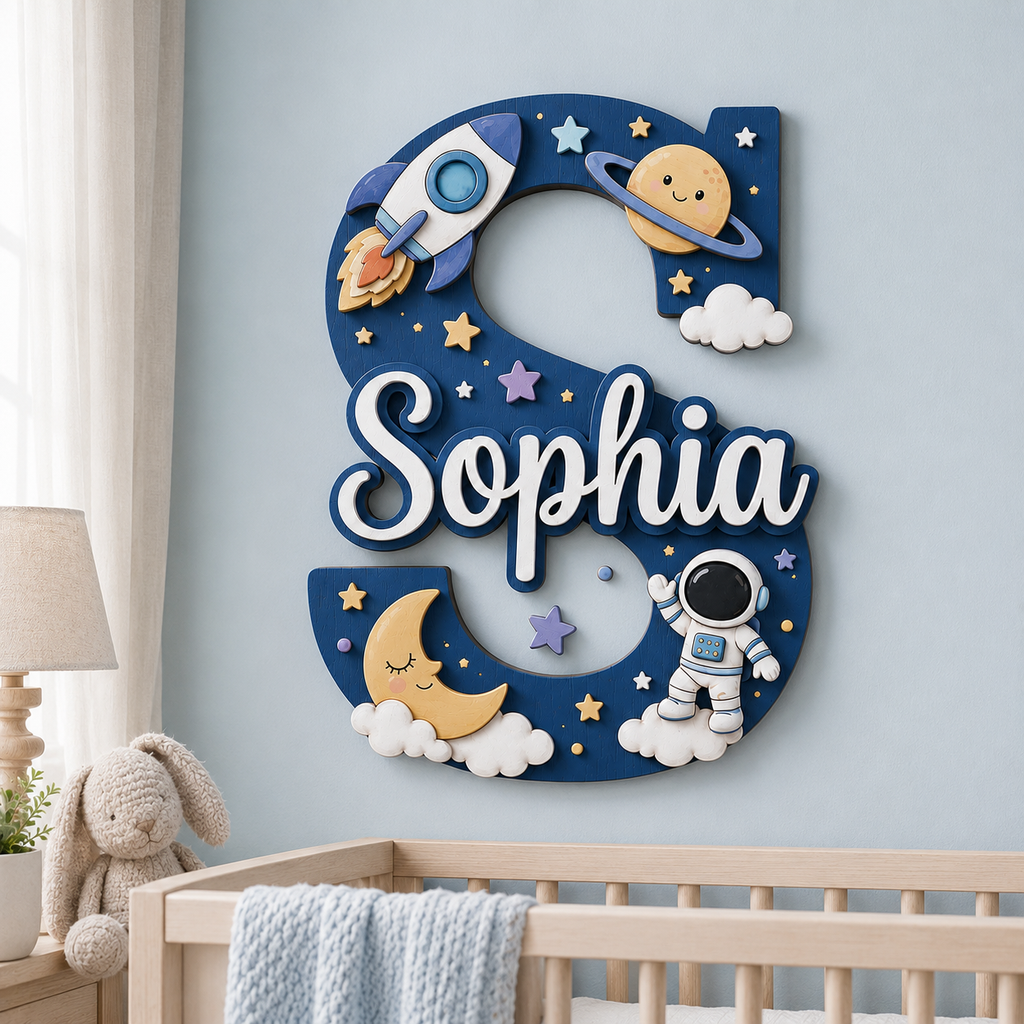 Personalized Space Nursery Name Sign, Custom Astronaut Baby Name Sign, Rocket Moon Stars Kids Room Decor, Wooden Letter Wall Art