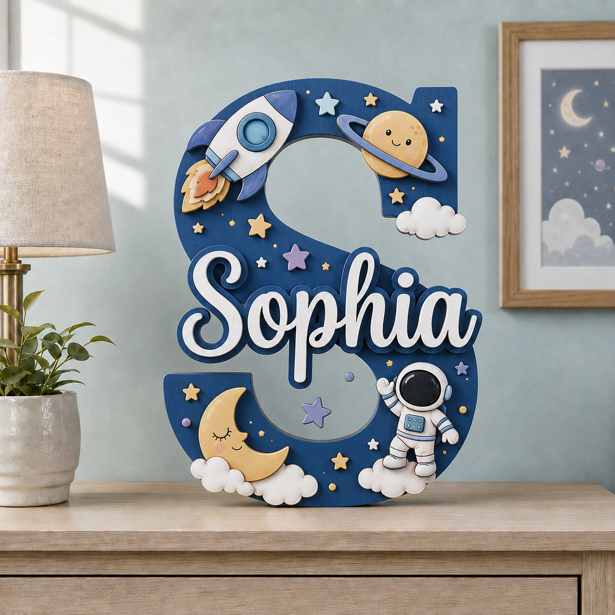 Personalized Space Nursery Name Sign, Custom Astronaut Baby Name Sign, Rocket Moon Stars Kids Room Decor, Wooden Letter Wall Art