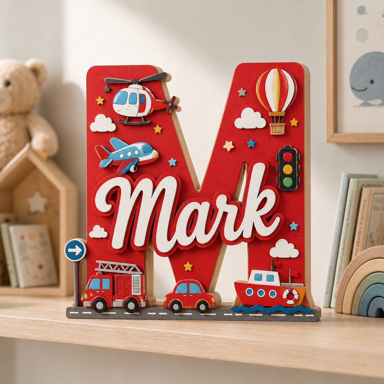 Personalized Transportation Nursery Name Sign, Custom Vehicle Baby Name Sign, Fire Truck Plane Boat Kids Room Decor, Wooden Letter Sign