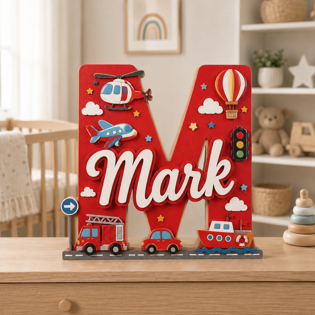 Personalized Transportation Nursery Name Sign, Custom Vehicle Baby Name Sign, Fire Truck Plane Boat Kids Room Decor, Wooden Letter Sign