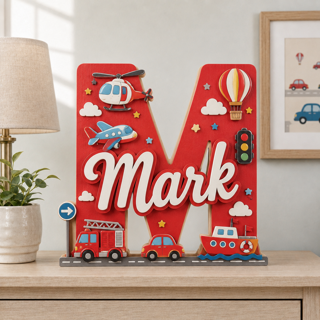 Personalized Transportation Nursery Name Sign, Custom Vehicle Baby Name Sign, Fire Truck Plane Boat Kids Room Decor, Wooden Letter Sign