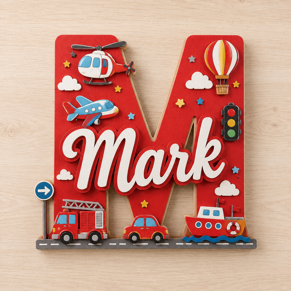 Personalized Transportation Nursery Name Sign, Custom Vehicle Baby Name Sign, Fire Truck Plane Boat Kids Room Decor, Wooden Letter Sign